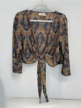 BIG BULL By CAM Blue/Green Floral Paisley Tie-Knot Flare Sleeve Top Wrap SZ L